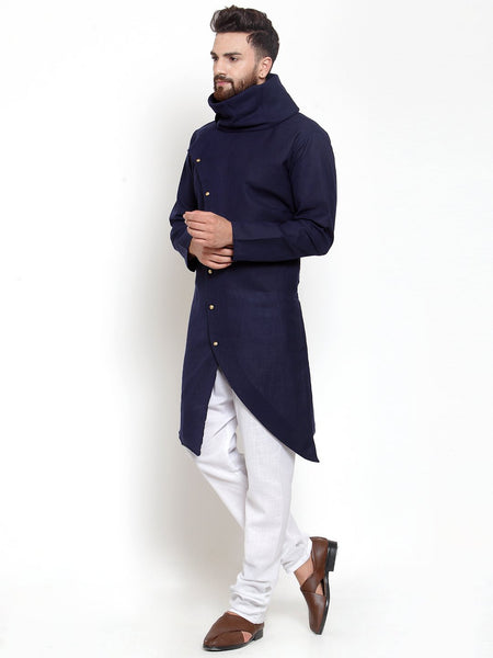Navy Blue Kurta With Churidar Pajama Set For Men by Treemoda