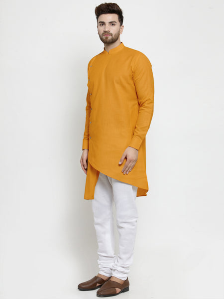 Designer Mustard Yellow Linen Kurta With White Churidar Pajama For Men By Treemoda