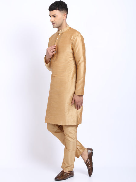 Embellished Golden Brocade Kurta with Aligarh Pajama by Treemoda