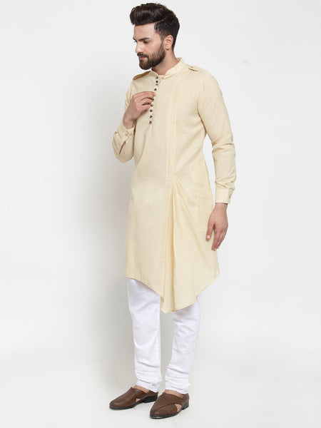Beige Kurta With Churidar Pajama Set in Linen For Men by Treemoda