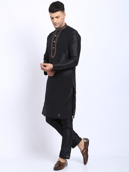 Embellished Black Brocade Kurta with Aligarh Pajama by Treemoda