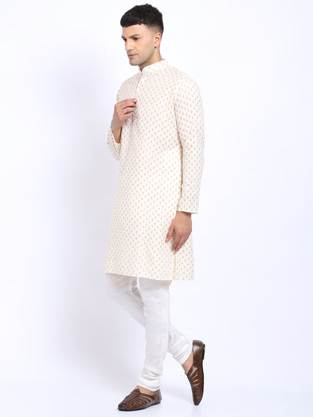 Printed Cream Cotton Kurta with Churidar Pajama by Treemoda
