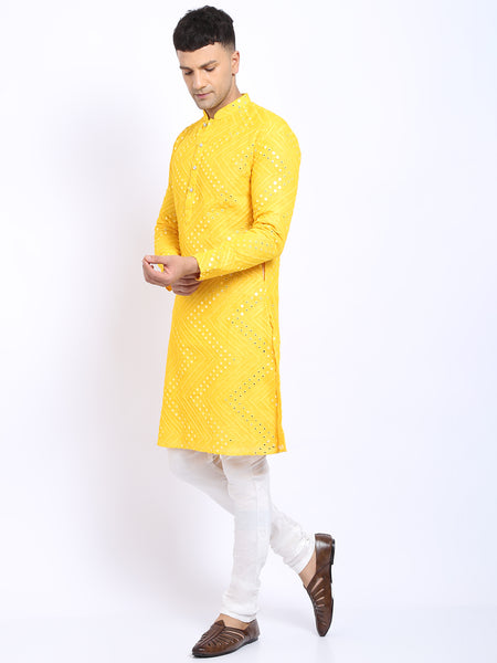 Yellow Georgette Mirror Work Embroidered Kurta with Churidar Pajama by Treemoda
