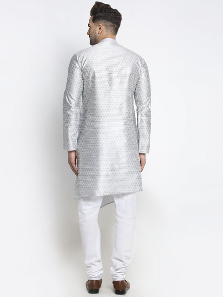 Embellished Brocade Light Grey Kurta With Churidar Pajama Set For Men By Treemoda
