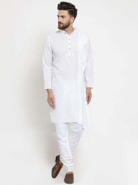 White Kurta With Churidar Pajama Set in Linen For Men by Treemoda
