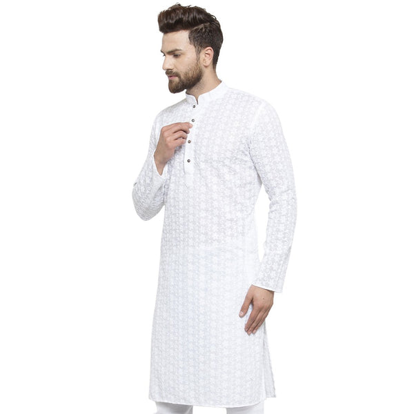 White Cotton Chikankari Lucknowi Jaal Embroidered Kurta By Treemoda