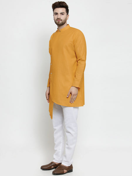 Designer Mustard Yellow Linen Kurta With White Aligarh Pajama For Men By Treemoda