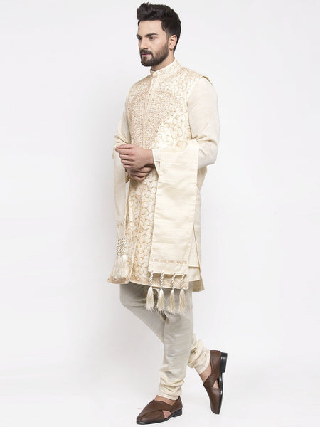 Men's White Embroidered Kurta Pajama Set, With  Jacket, and Scarf by Treemoda
