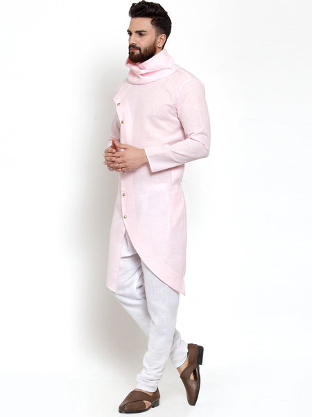 Pink Kurta With Aligarh Pajama Set in Linen For Men by Treemoda