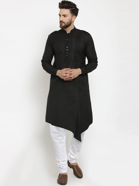 Black Kurta With Churidar Pajama in Linen For Men by Treemoda