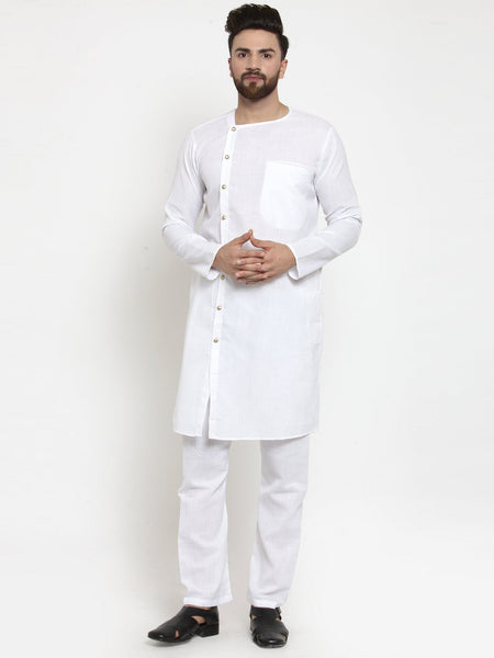 White Kurta With Aligarh Pajama Set in Linen For Men by Treemoda