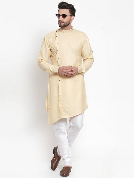 Designer Beige Kurta With Churidar Pajama Set in Linen For Men by Treemoda