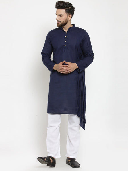 Navy Blue Kurta With Aligarh Pajama Set in Linen for men by Treemoda