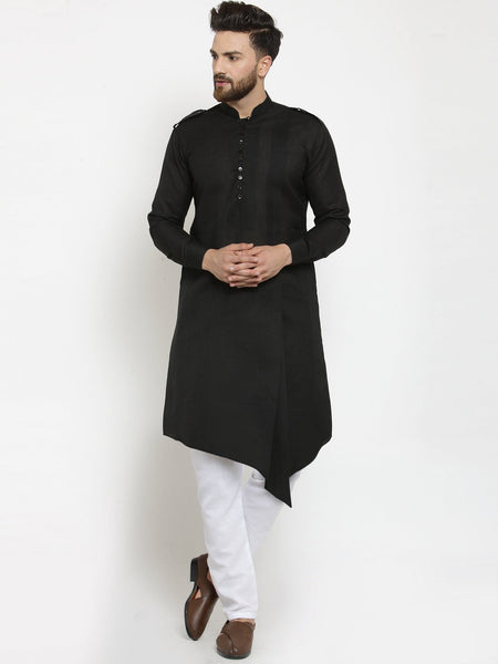 Black Kurta With Aligarh Pajama Set in Linen For Men by Treemoda
