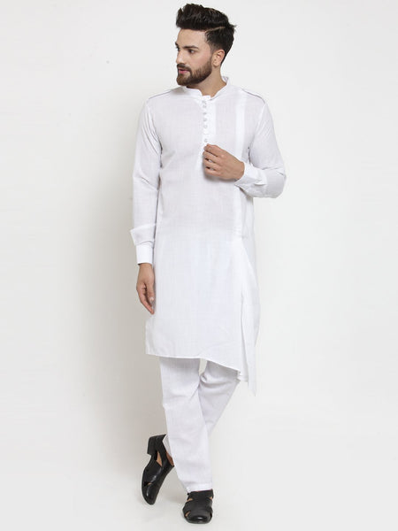 White Kurta With Aligarh Pajama Set in Linen For Men by Treemoda