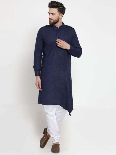 Navy Blue Kurta With Churidar Pajama Set in Linen For Men by Treemoda