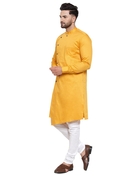 Designer Mustard Yellow Kurta With Churidar Pajama Set For Men By Treemoda