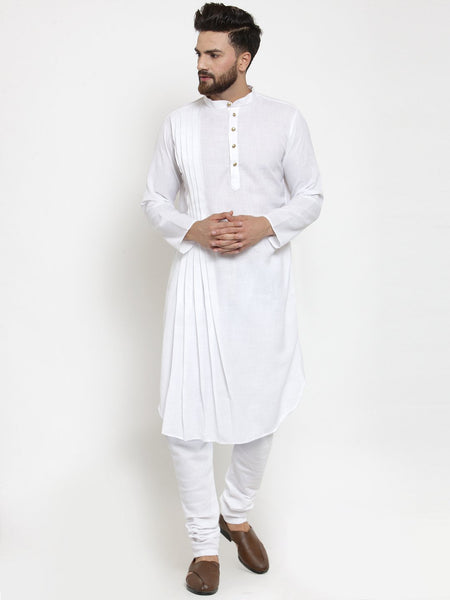 Designer White Linen Kurta With Churidar Pajama For Men By Treemoda