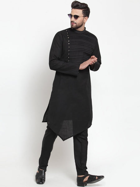 Designer Black Kurta With Aligarh Pajama Set in Linen For Men by Treemoda