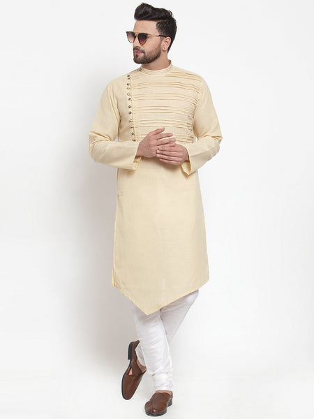 Designer Beige Kurta With Churidar Pajama Set in Linen For Men by Treemoda