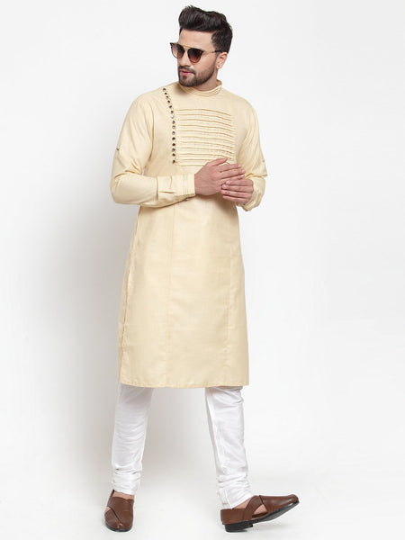 Designer Beige Kurta With Churidar Pajama Set in Linen for men by Treemoda