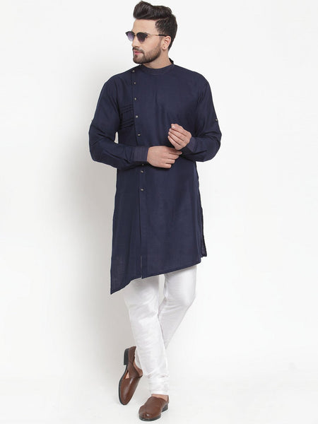 Designer Navy Blue Kurta With Churidar Set in Linen For Men by Treemoda