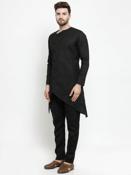 Designer Black Linen Kurta With Aligarh Pajama For Men By Treemoda