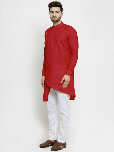 Designer Red Linen Kurta With White Aligarh Pajama For Men By Treemoda