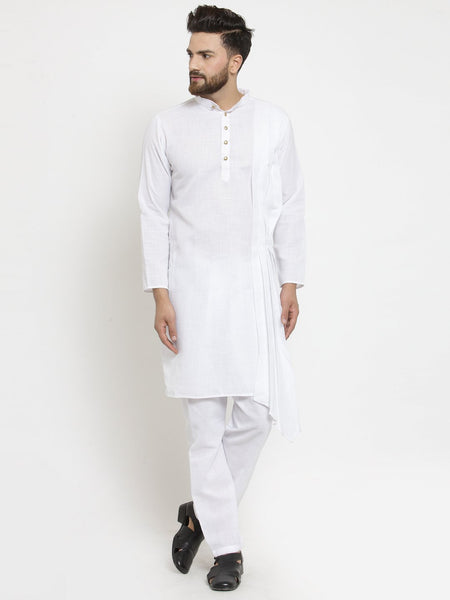 White Kurta With Aligarh Pajama Set in Linen For Men by Treemoda