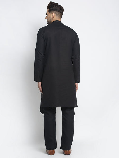 Designer Black Linen Kurta With Aligarh Pajama Set For Men By Treemoda