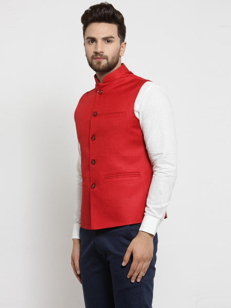Men Red Solid Nehru Jacket By Treemoda