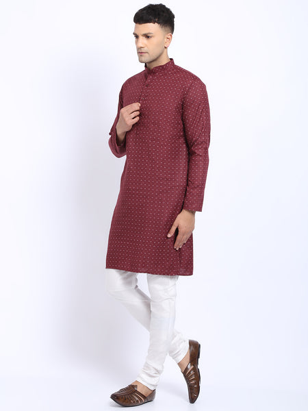 Printed Maroon Cotton Kurta with Churidar Pajama by Treemoda