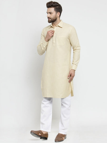 Designer Beige Pathani Lenin Kurta with White Aligarh Pajama by TREEMODA