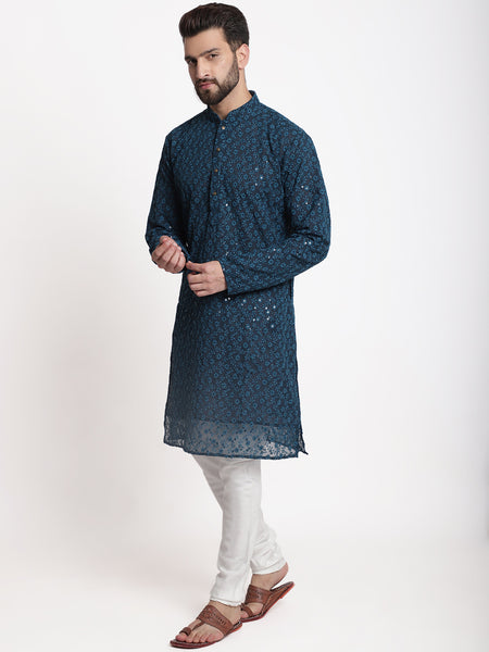 Blue Chikankari Floral Embroidery Kurta With Churidar Pajama by Treemoda