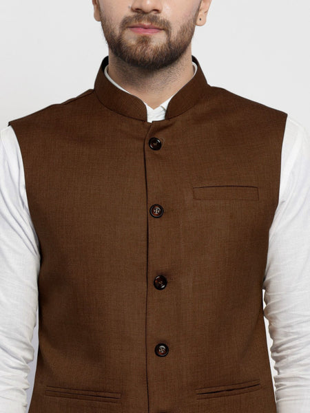 Men Caramel Solid Nehru Jacket By Treemoda