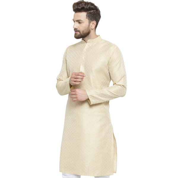 Embellished Brocade Kurta In Beige By Treemoda