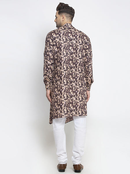 Designer Cotton Brown Block Printed Kurta With Churidar Pajama Set For Men By Treemoda