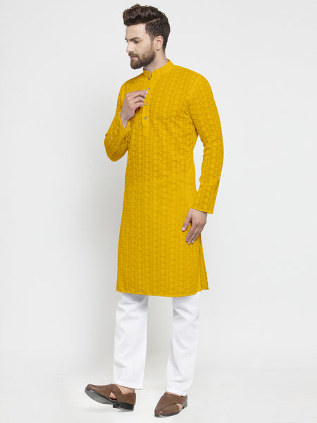 Mustard Yellow Chikankari Lucknowi Jaal Embroidered Kurta with Aligarh Pajama For Men  by Treemoda