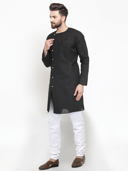 Designer Black Kurta With Churidar Pajama Set in Linen For Men by Treemoda