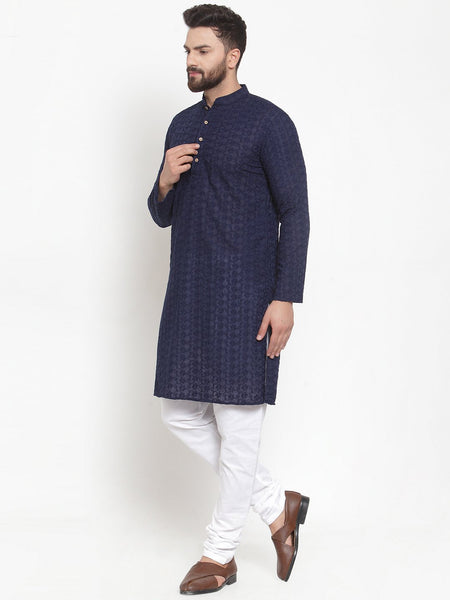 Navy Blue Cotton Chikankari Lucknowi Jaal Embroidered Kurta with Churidar Pajama For Men Treemoda