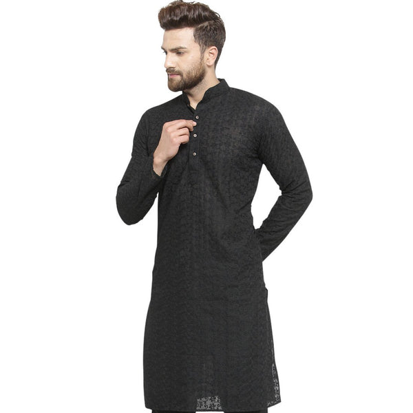 Black Cotton Chikankari Lucknowi Jaal Embroidered Kurta By Treemoda