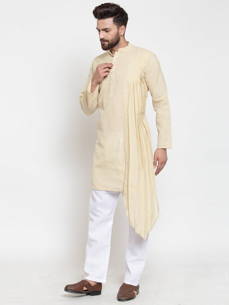Beige Kurta With Aligarh Pajama Set in Linen For Men by Treemoda