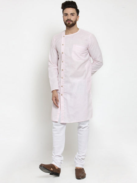 Pink Kurta With Churidar Pajama Set in Linen For Men by Treemoda