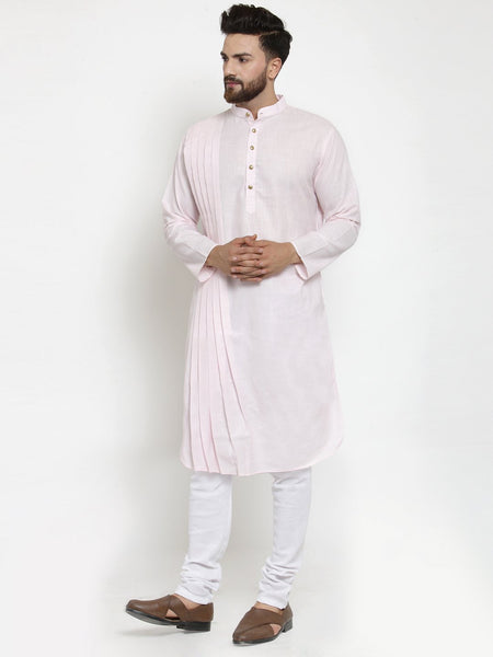 Designer Pink Linen Kurta With Churidar Pajama For Men By Treemoda