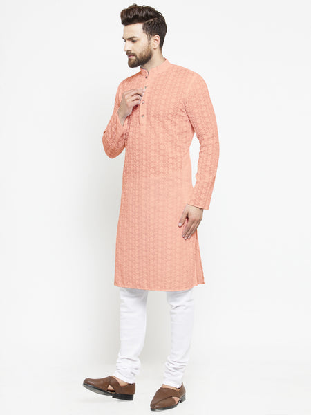Salmon Pink Chikankari Lucknowi Jaal Embroidered Kurta with Churidar Pajama For Men by Treemoda