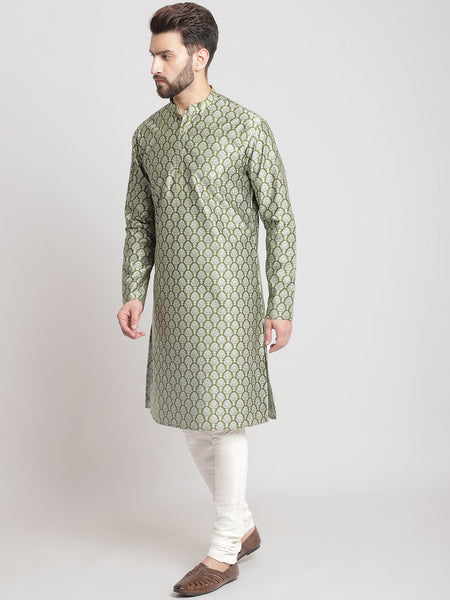 Designer Golden Green Brocade Silk Kurta With Churidar Pajama By Treemoda