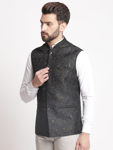 Black Jacquard  Brocade Silk Nehru Jacket By Treemoda