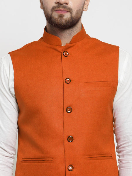 Men Orange Solid Nehru Jacket By Treemoda