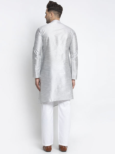 Embellished Brocade Light Grey Kurta With Aligarh Pajama Set For Men By Treemoda