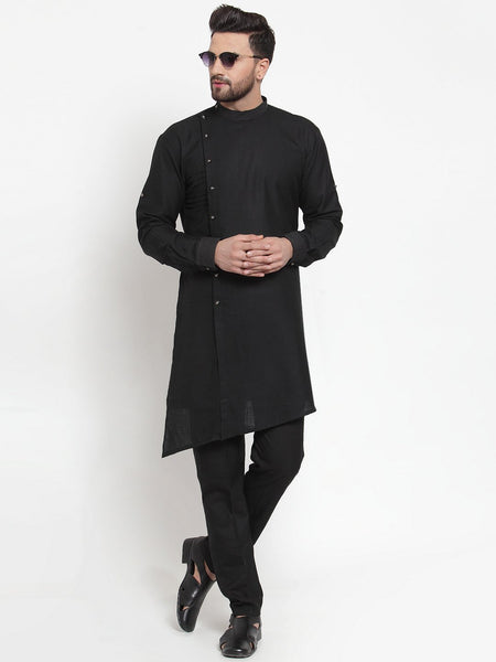 Designer Black Kurta With Aligarh Pajama Set in Linen For Men by Treemoda